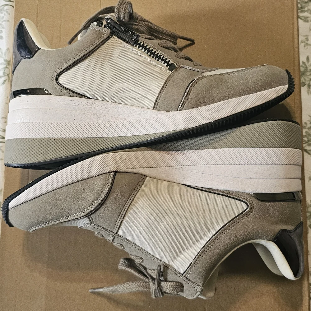 DKNY Taupe and Cream Wedge Sneakers